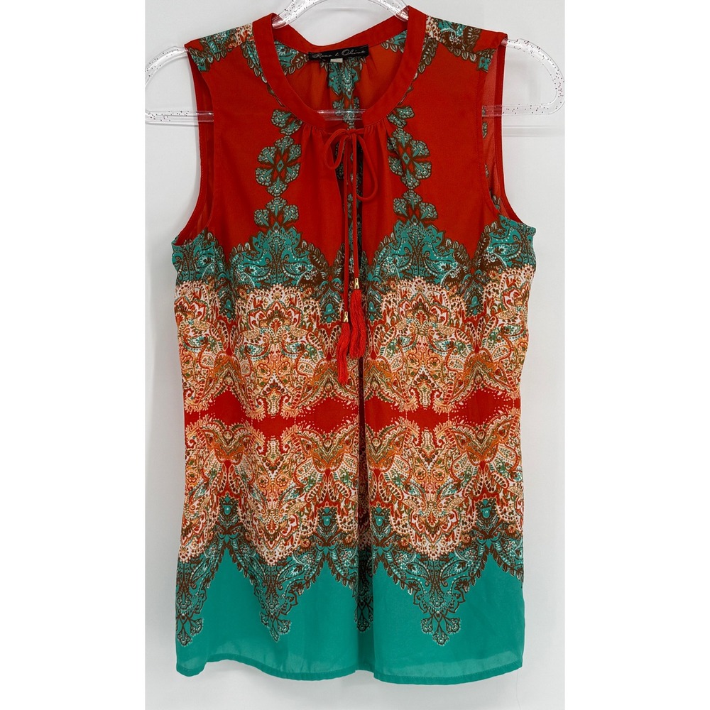Rose & Olive Womens Sleeveless Paisley Tassel Keyhole Blouse Orange Teal Sz S